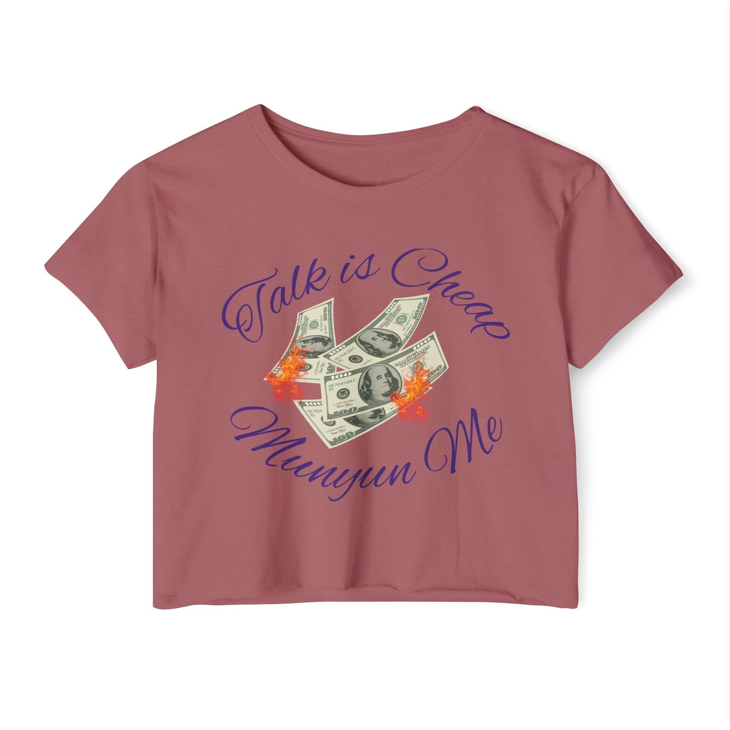 Women’s Festival Crop Top with ‘Talk is Cheap, Moneyun Me’ Design, Beachwear, Summer Outfit, Concert Top, Gift for Her