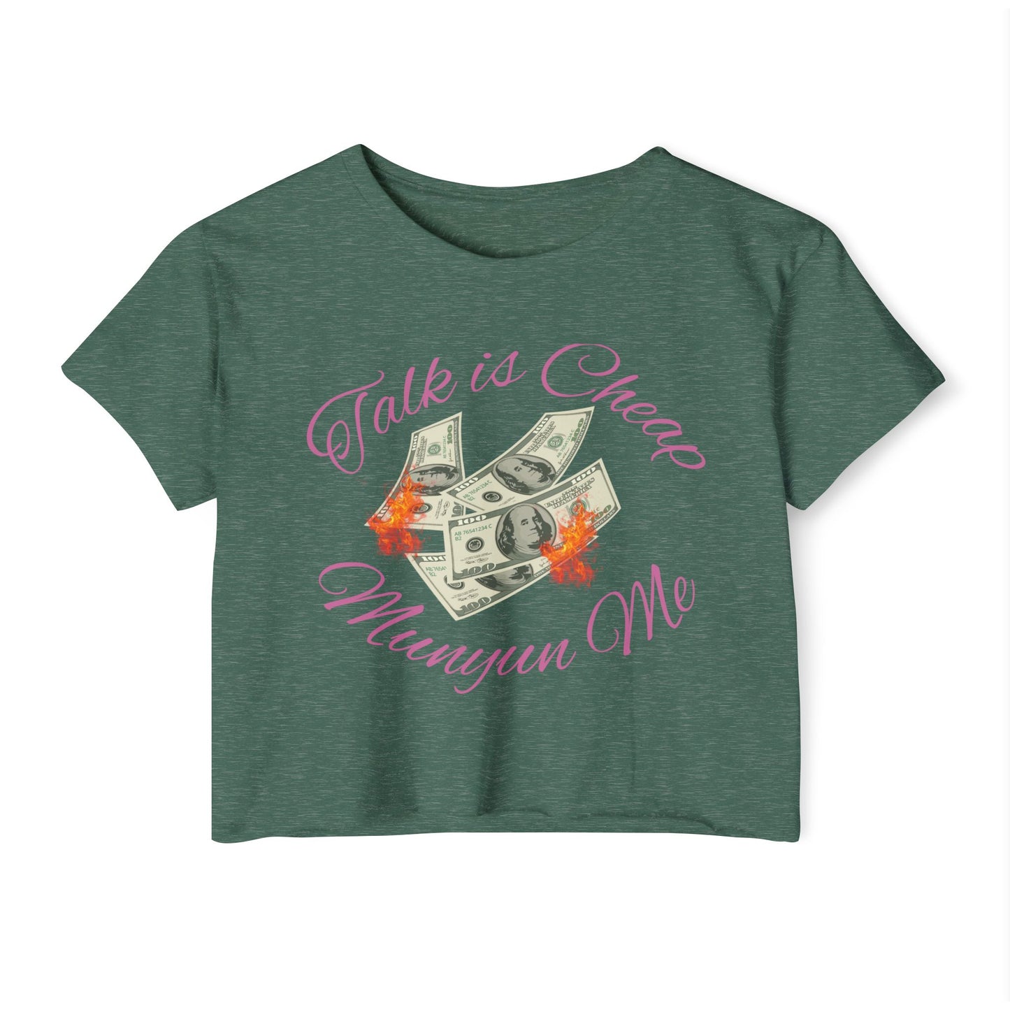 Women’s Festival Crop Top with ‘Talk is Cheap, Moneyun Me’ Design, Beachwear, Summer Outfit, Concert Top, Gift for Her