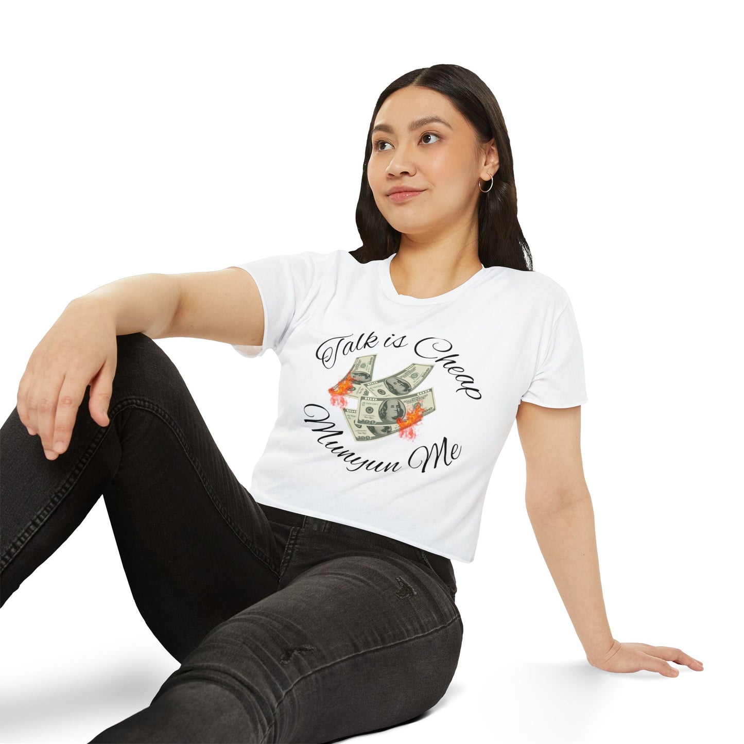 Women’s Festival Crop Top with ‘Talk is Cheap, Moneyun Me’ Design, Beachwear, Summer Outfit, Concert Top, Gift for Her