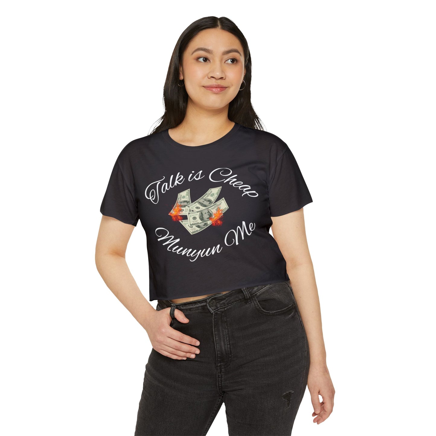 Women’s Festival Crop Top with ‘Talk is Cheap, Moneyun Me’ Design, Beachwear, Summer Outfit, Concert Top, Gift for Her