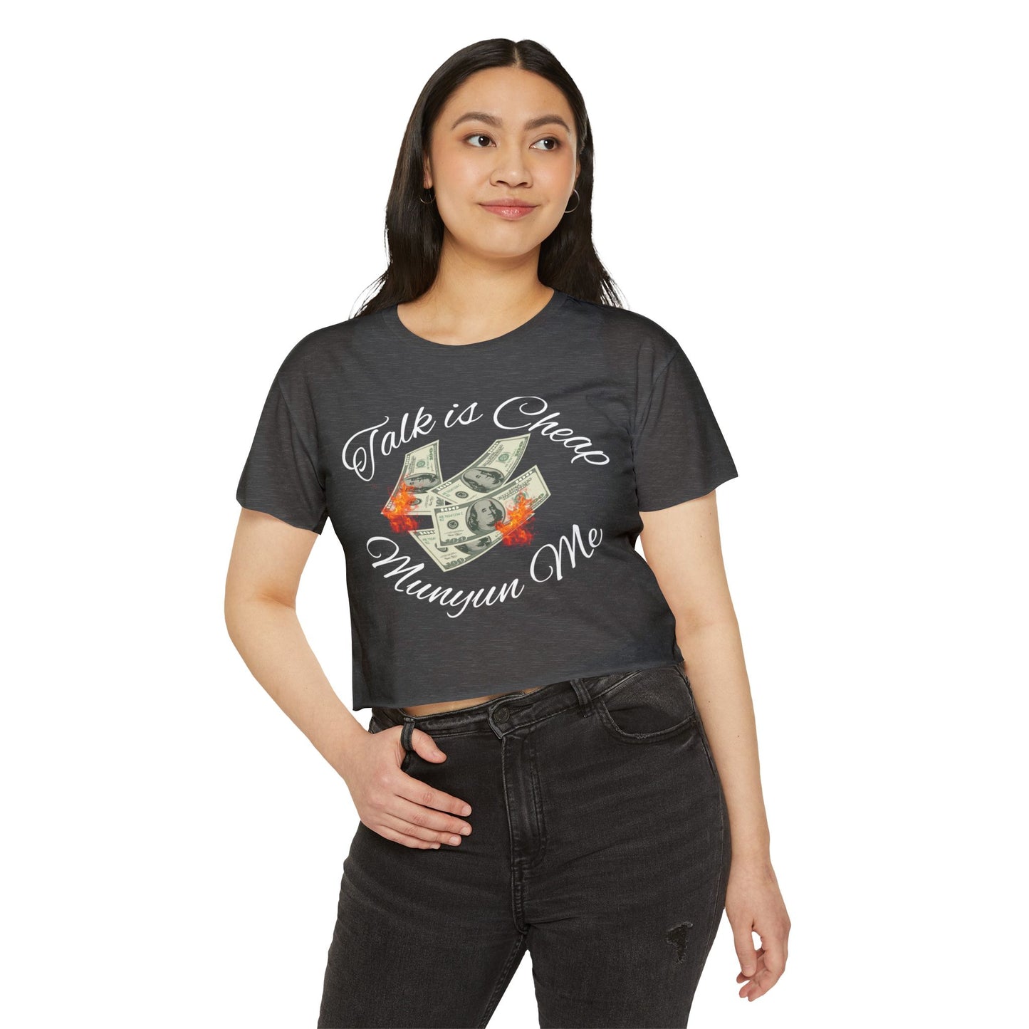 Women’s Festival Crop Top with ‘Talk is Cheap, Moneyun Me’ Design, Beachwear, Summer Outfit, Concert Top, Gift for Her