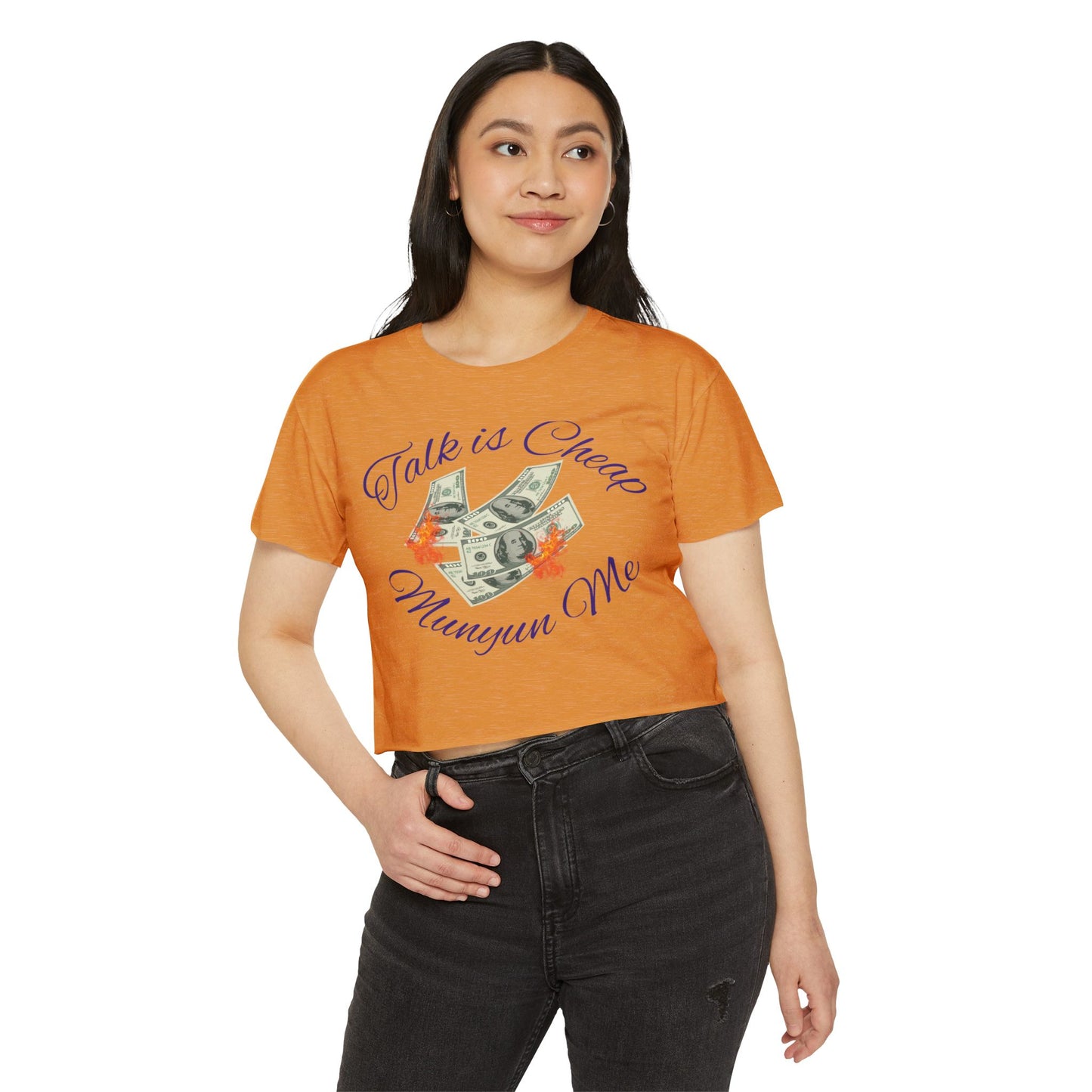 Women’s Festival Crop Top with ‘Talk is Cheap, Moneyun Me’ Design, Beachwear, Summer Outfit, Concert Top, Gift for Her