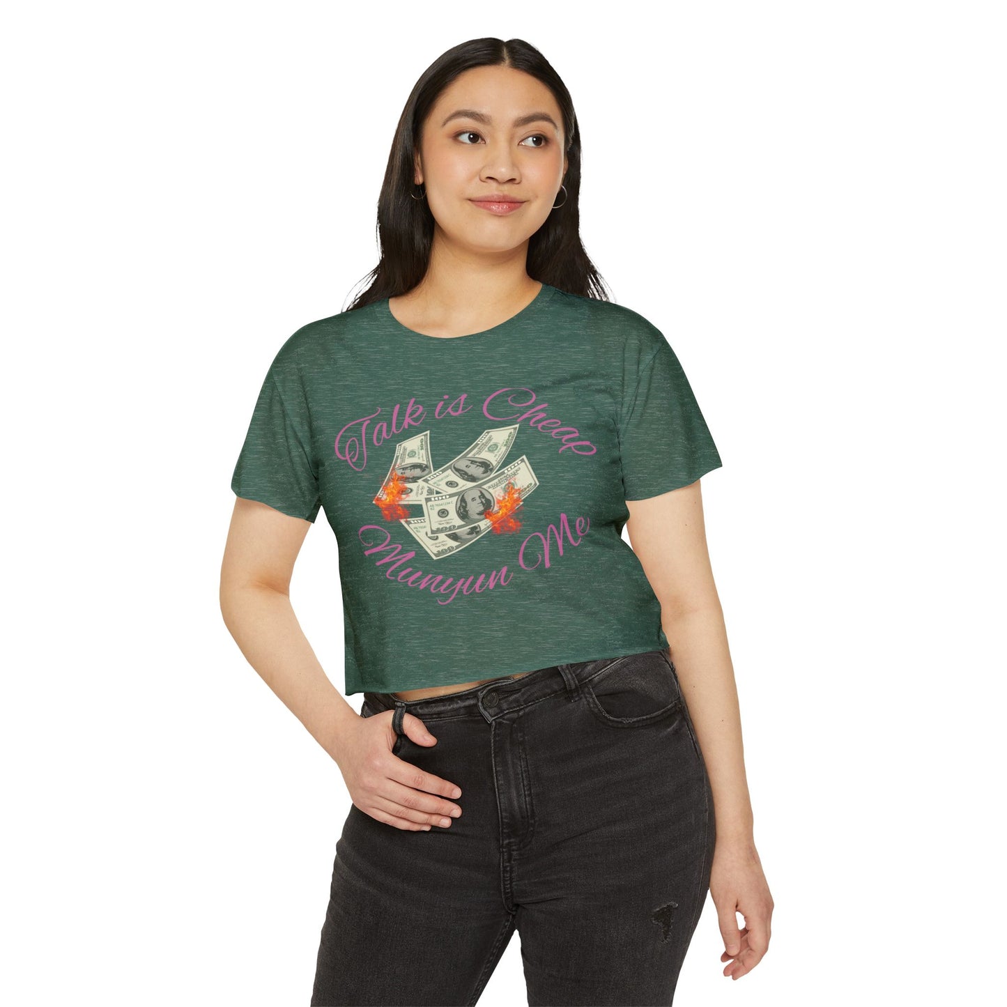 Women’s Festival Crop Top with ‘Talk is Cheap, Moneyun Me’ Design, Beachwear, Summer Outfit, Concert Top, Gift for Her