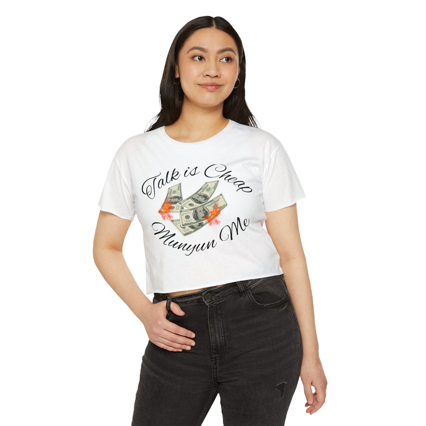Women’s Festival Crop Top with ‘Talk is Cheap, Moneyun Me’ Design, Beachwear, Summer Outfit, Concert Top, Gift for Her