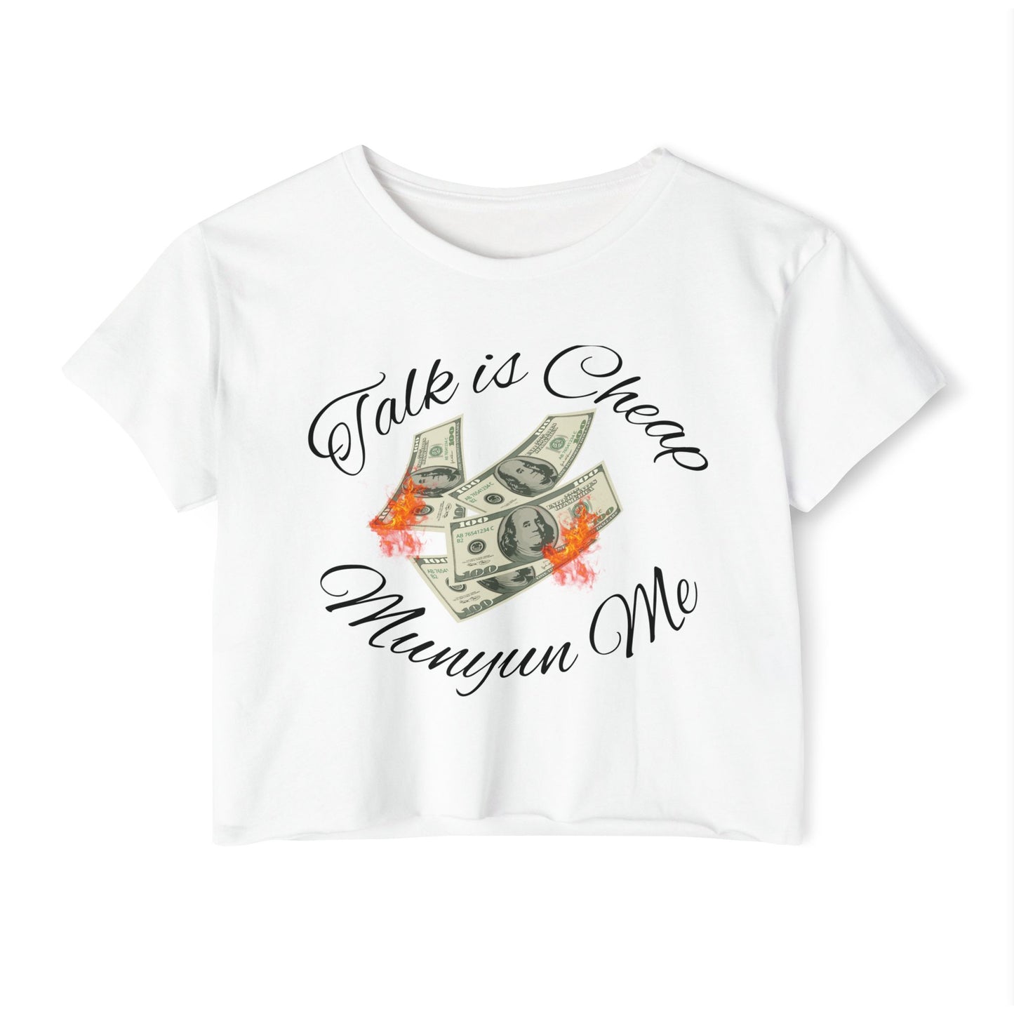 Women’s Festival Crop Top with ‘Talk is Cheap, Moneyun Me’ Design, Beachwear, Summer Outfit, Concert Top, Gift for Her
