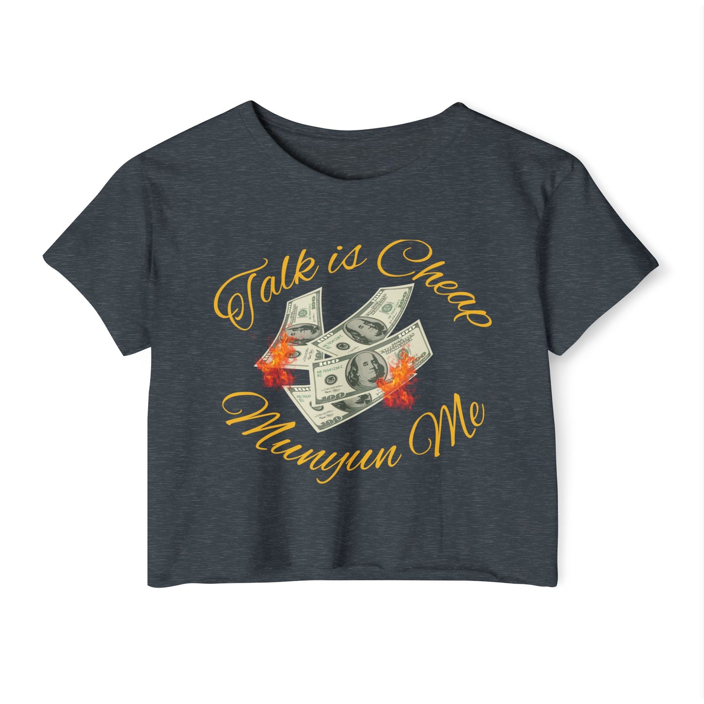 Women’s Festival Crop Top with ‘Talk is Cheap, Moneyun Me’ Design, Beachwear, Summer Outfit, Concert Top, Gift for Her