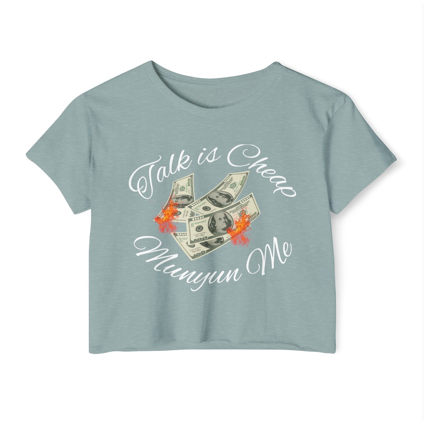 Women’s Festival Crop Top with ‘Talk is Cheap, Moneyun Me’ Design, Beachwear, Summer Outfit, Concert Top, Gift for Her