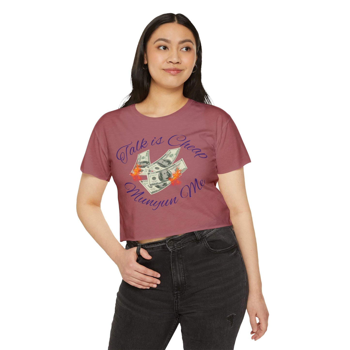 Women’s Festival Crop Top with ‘Talk is Cheap, Moneyun Me’ Design, Beachwear, Summer Outfit, Concert Top, Gift for Her