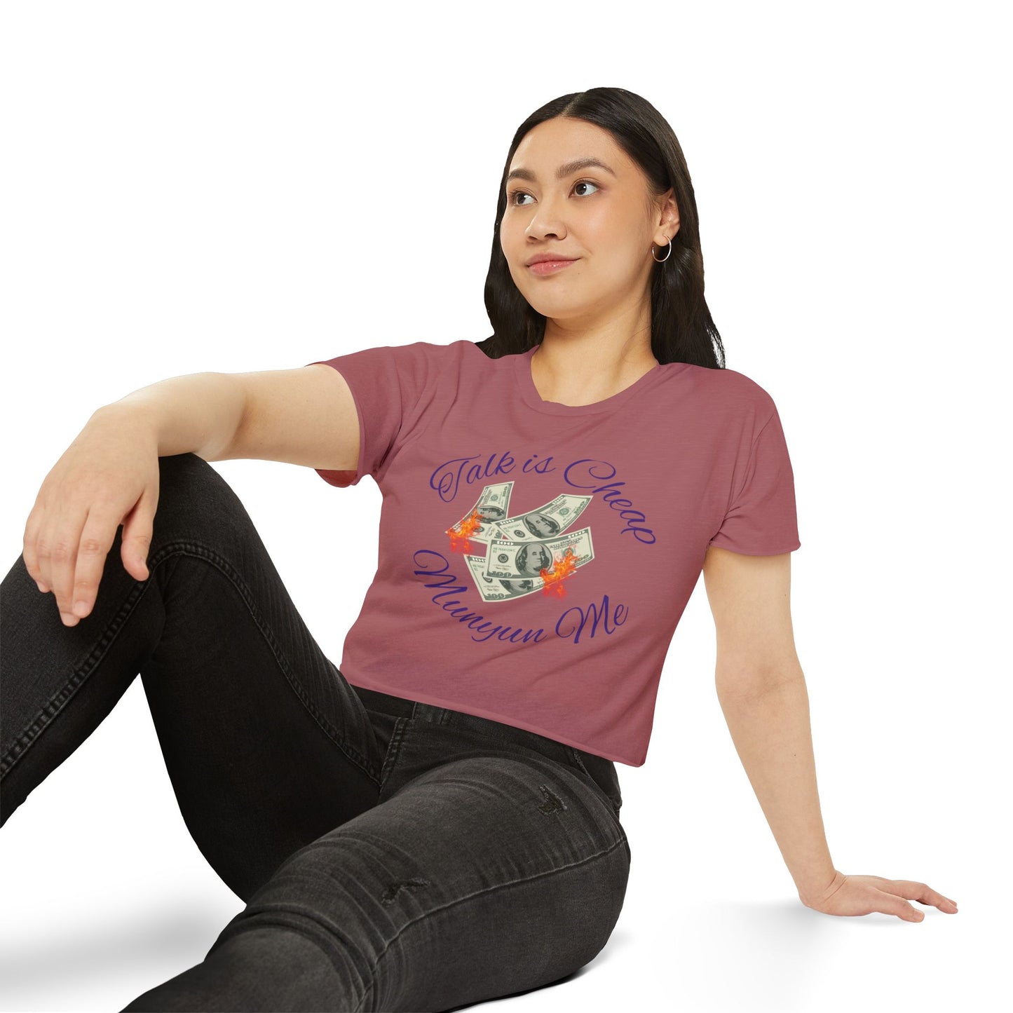 Women’s Festival Crop Top with ‘Talk is Cheap, Moneyun Me’ Design, Beachwear, Summer Outfit, Concert Top, Gift for Her