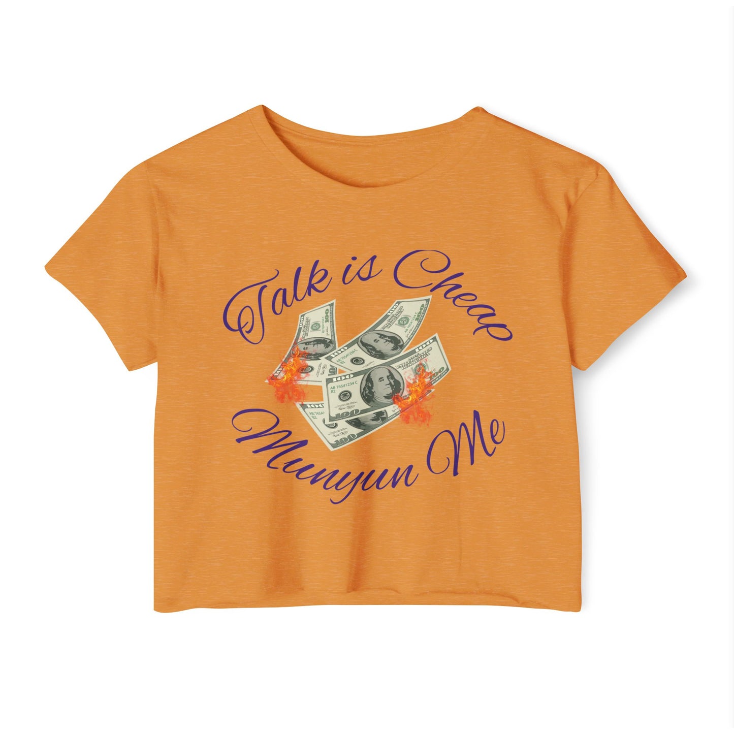 Women’s Festival Crop Top with ‘Talk is Cheap, Moneyun Me’ Design, Beachwear, Summer Outfit, Concert Top, Gift for Her