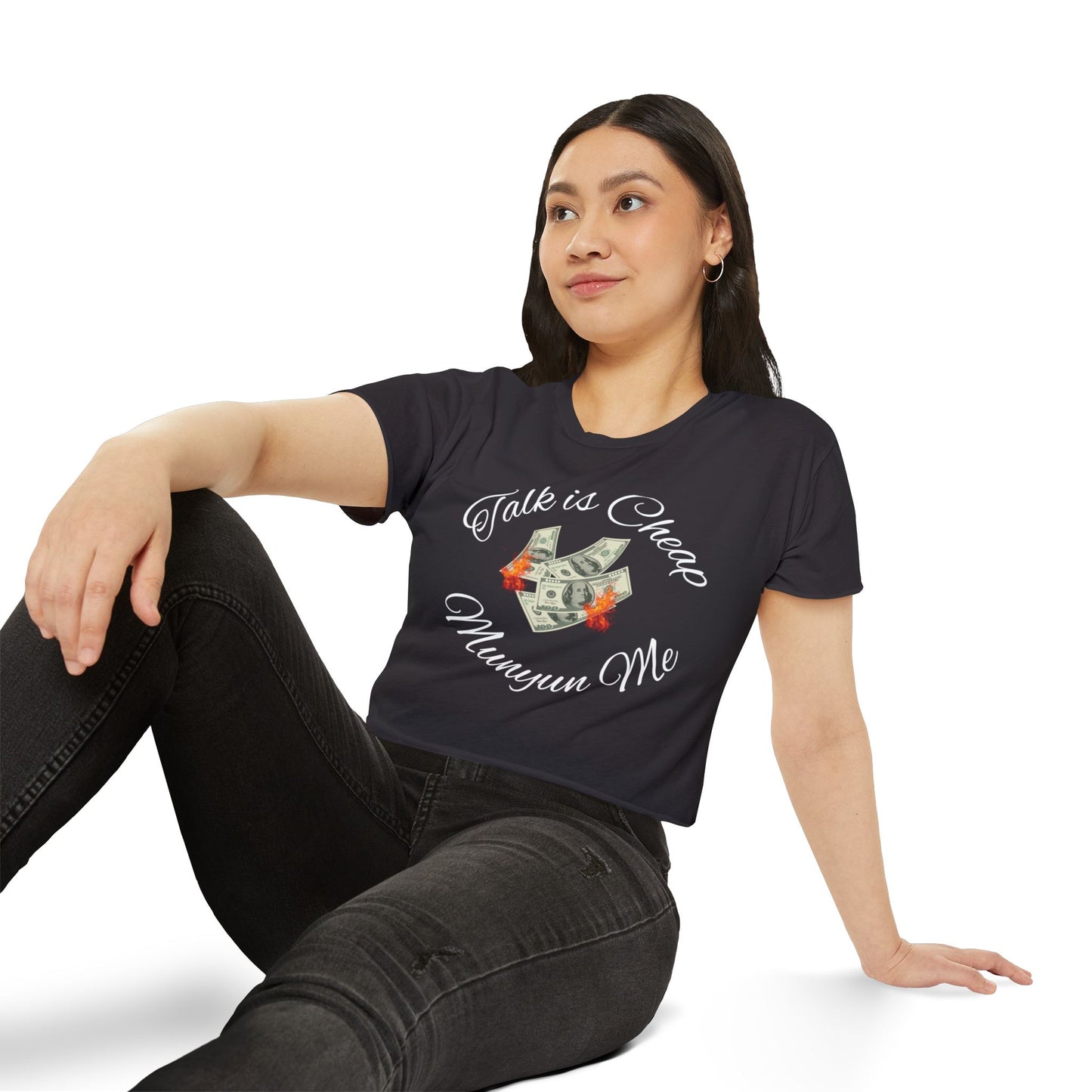Women’s Festival Crop Top with ‘Talk is Cheap, Moneyun Me’ Design, Beachwear, Summer Outfit, Concert Top, Gift for Her