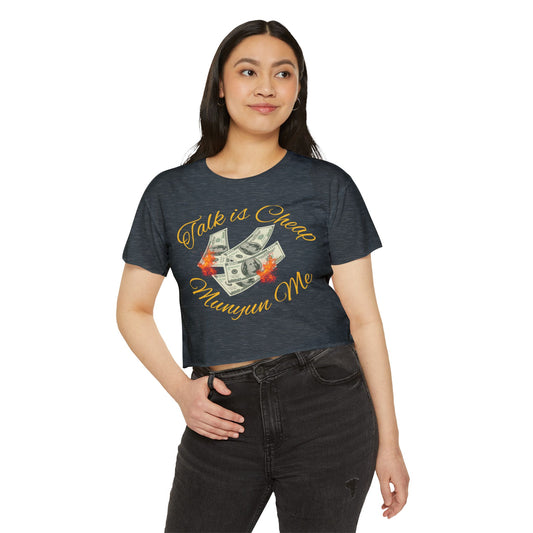 Women’s Festival Crop Top with ‘Talk is Cheap, Moneyun Me’ Design, Beachwear, Summer Outfit, Concert Top, Gift for Her