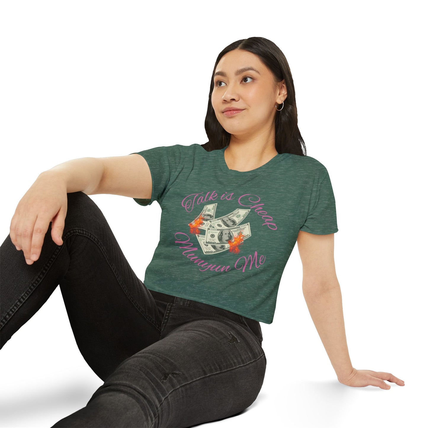 Women’s Festival Crop Top with ‘Talk is Cheap, Moneyun Me’ Design, Beachwear, Summer Outfit, Concert Top, Gift for Her