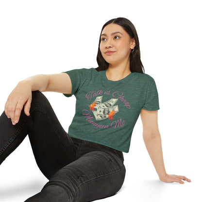 Women’s Festival Crop Top with ‘Talk is Cheap, Moneyun Me’ Design, Beachwear, Summer Outfit, Concert Top, Gift for Her