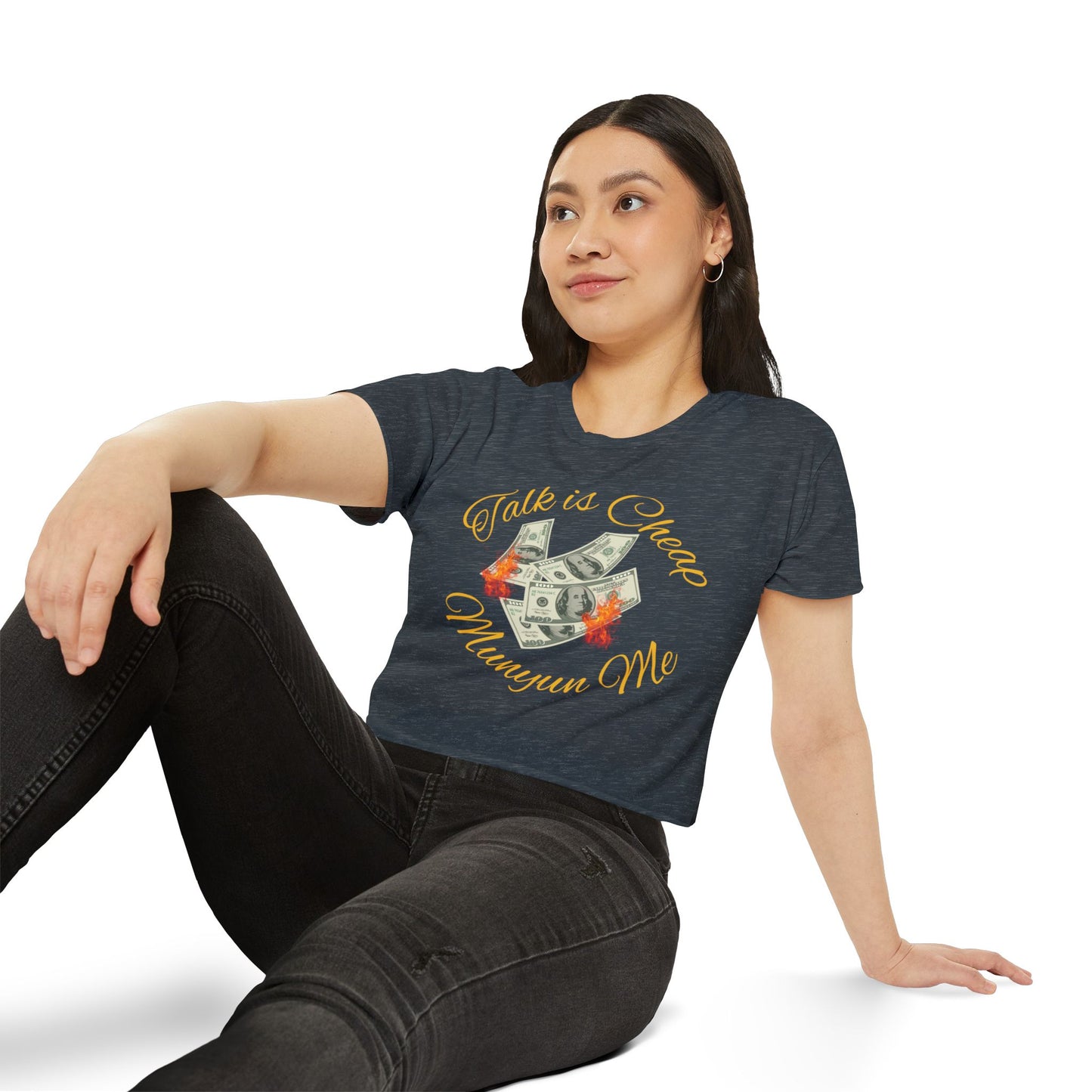 Women’s Festival Crop Top with ‘Talk is Cheap, Moneyun Me’ Design, Beachwear, Summer Outfit, Concert Top, Gift for Her