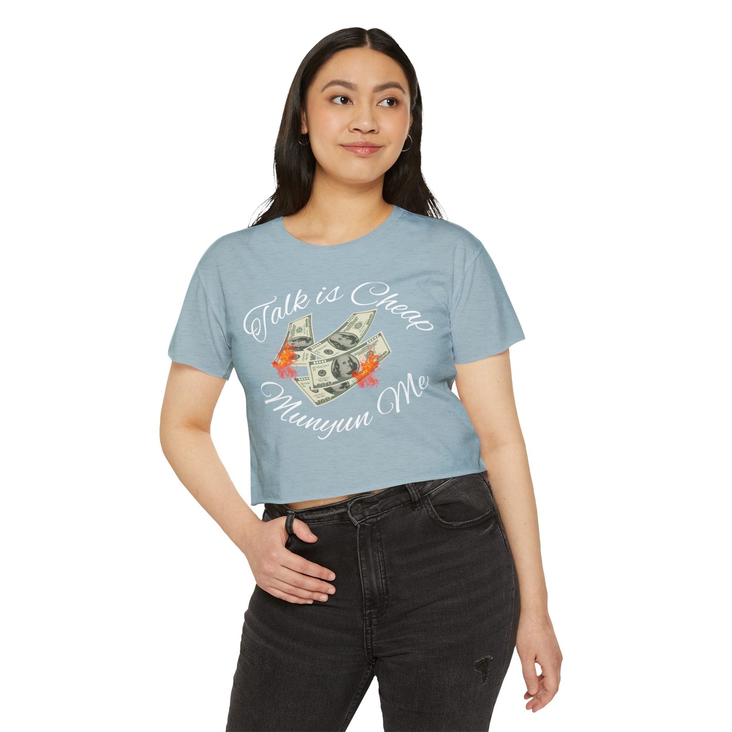 Women’s Festival Crop Top with ‘Talk is Cheap, Moneyun Me’ Design, Beachwear, Summer Outfit, Concert Top, Gift for Her