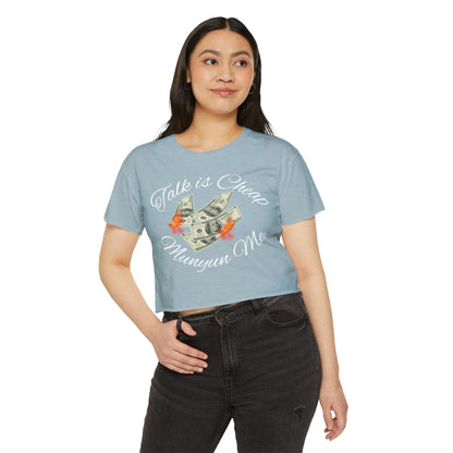 Women’s Festival Crop Top with ‘Talk is Cheap, Moneyun Me’ Design, Beachwear, Summer Outfit, Concert Top, Gift for Her