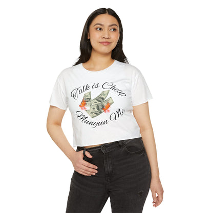 Women’s Festival Crop Top with ‘Talk is Cheap, Moneyun Me’ Design, Beachwear, Summer Outfit, Concert Top, Gift for Her