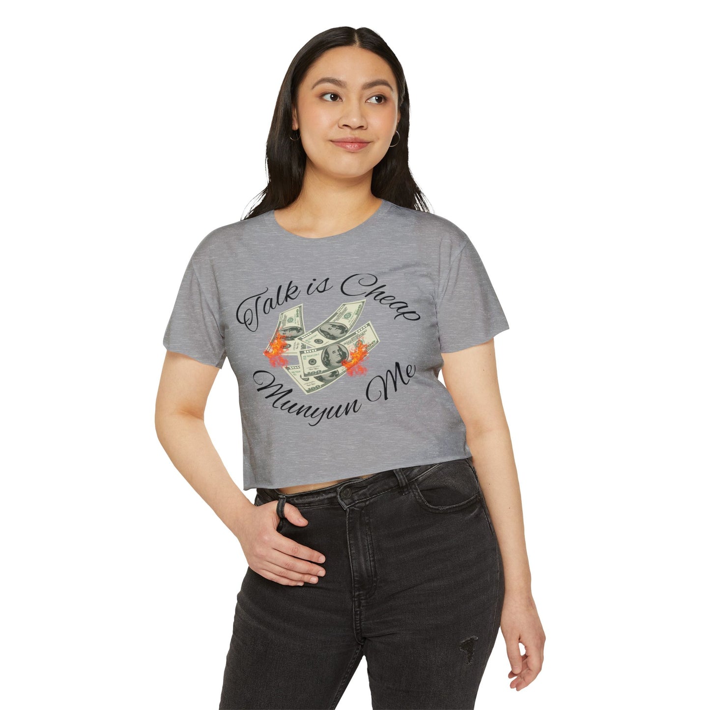 Women’s Festival Crop Top with ‘Talk is Cheap, Moneyun Me’ Design, Beachwear, Summer Outfit, Concert Top, Gift for Her